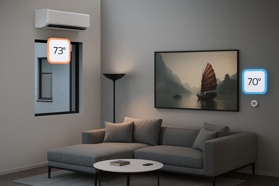 Lounge Room with Mini Split Above Window Showing 75 Degrees and the Puck at Sitting Level Showing 70 Degrees